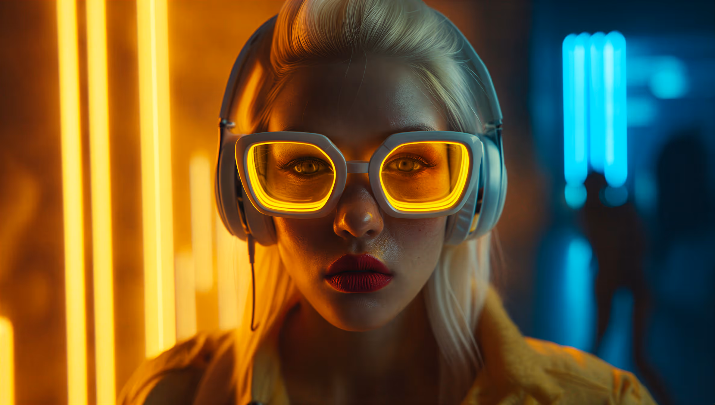 Young woman with platinum blonde hair wearing white headphones and yellow neon lit glasses against a blue and orange glowing background.