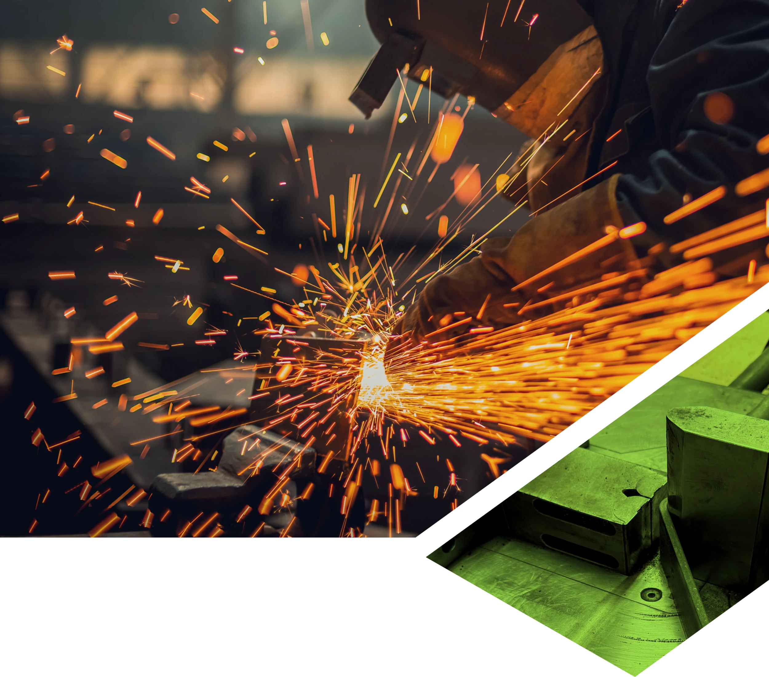 A two part image with a man in a mask grinding metal in a factory with sparks flying and another image in a shape of an industrial metal bender machine with a green overlay.