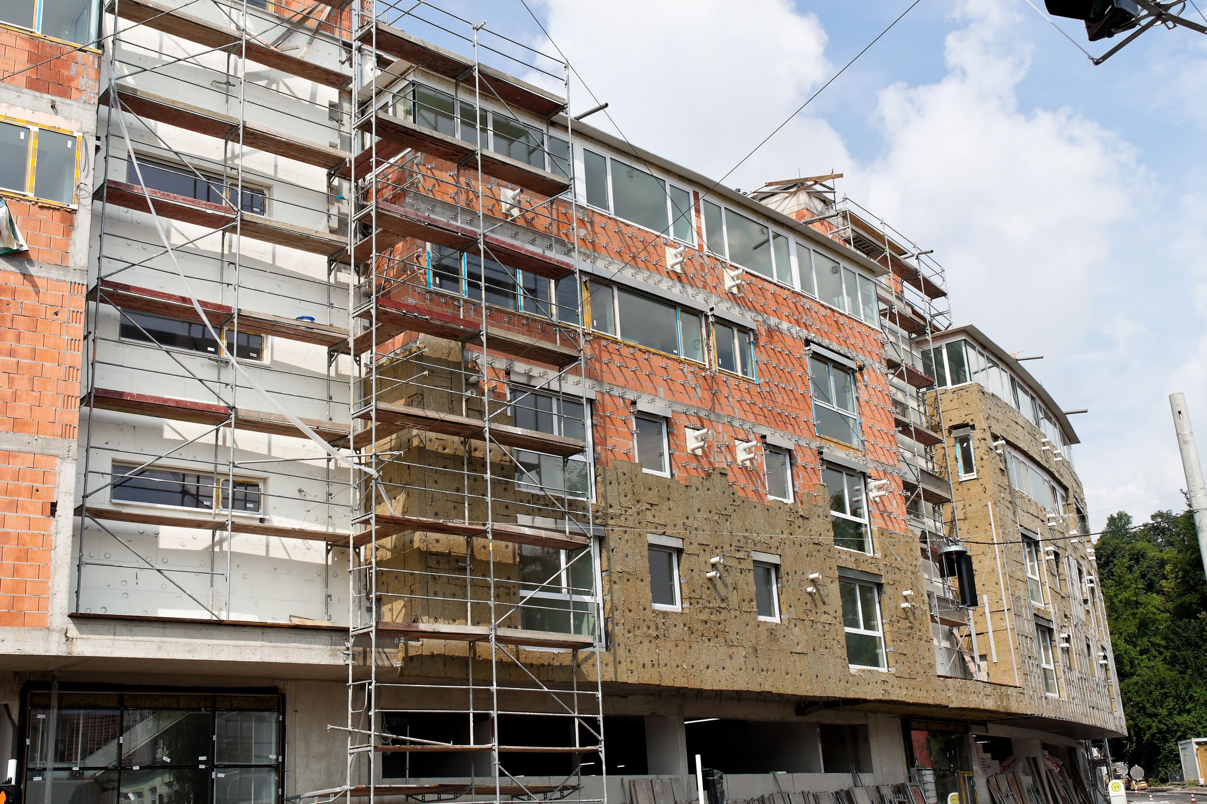 Building under renovation with scaffolding