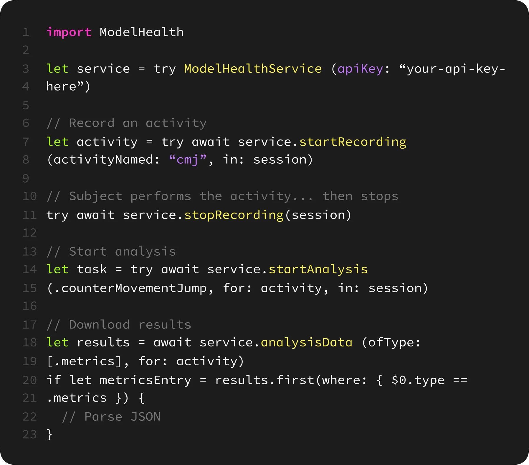 SDK code snippet in Swift for integrating Model Health motion analysis