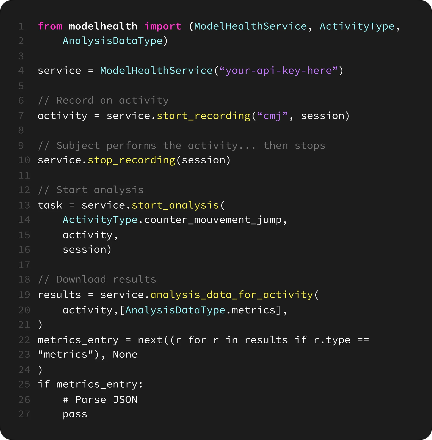 SDK code snippet in Python for integrating Model Health motion analysis