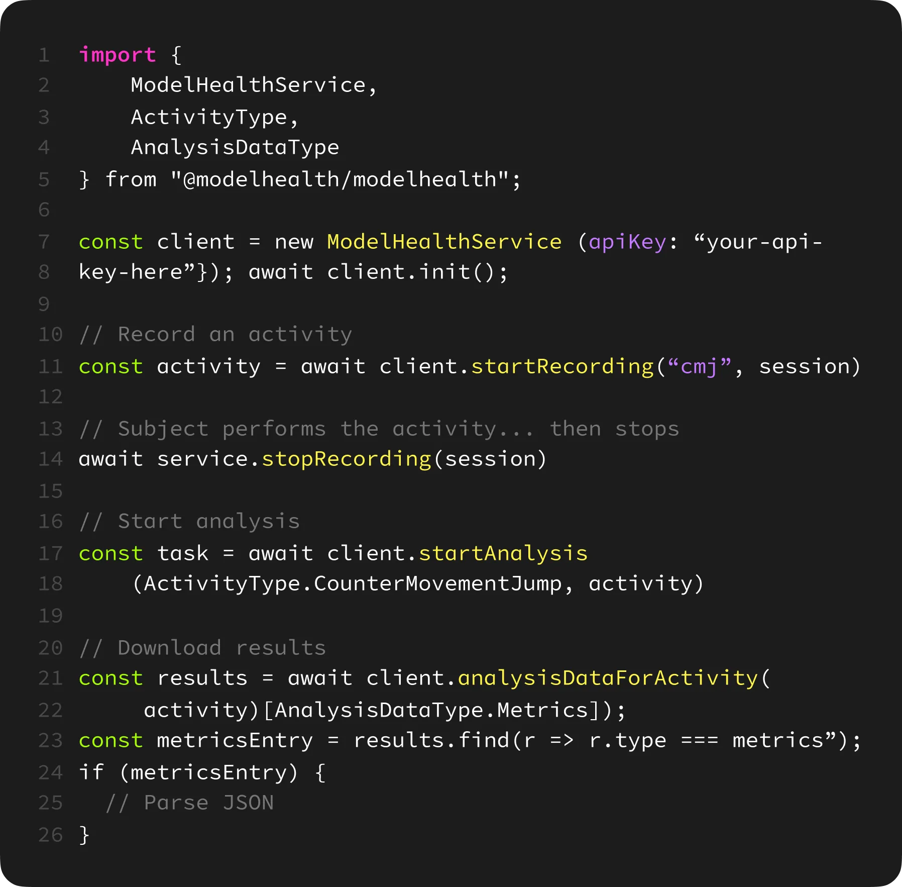 SDK code snippet in TypeScript for integrating Model Health motion analysis