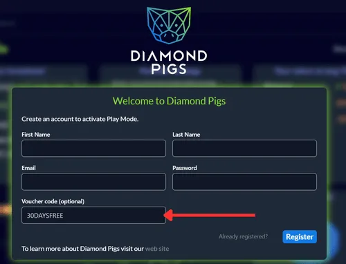 Dashboard to register for Diamond Pigs with voucher code 30DAYSFREE
