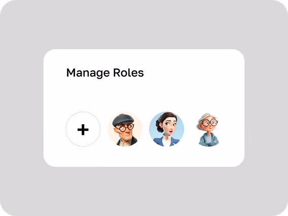 User interface card titled Manage Roles with an add button and three illustrated user avatars in a row.