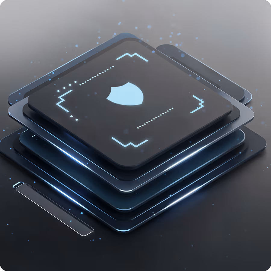 Stacked dark square layers with a glowing shield icon and digital design elements symbolizing cybersecurity or data protection.