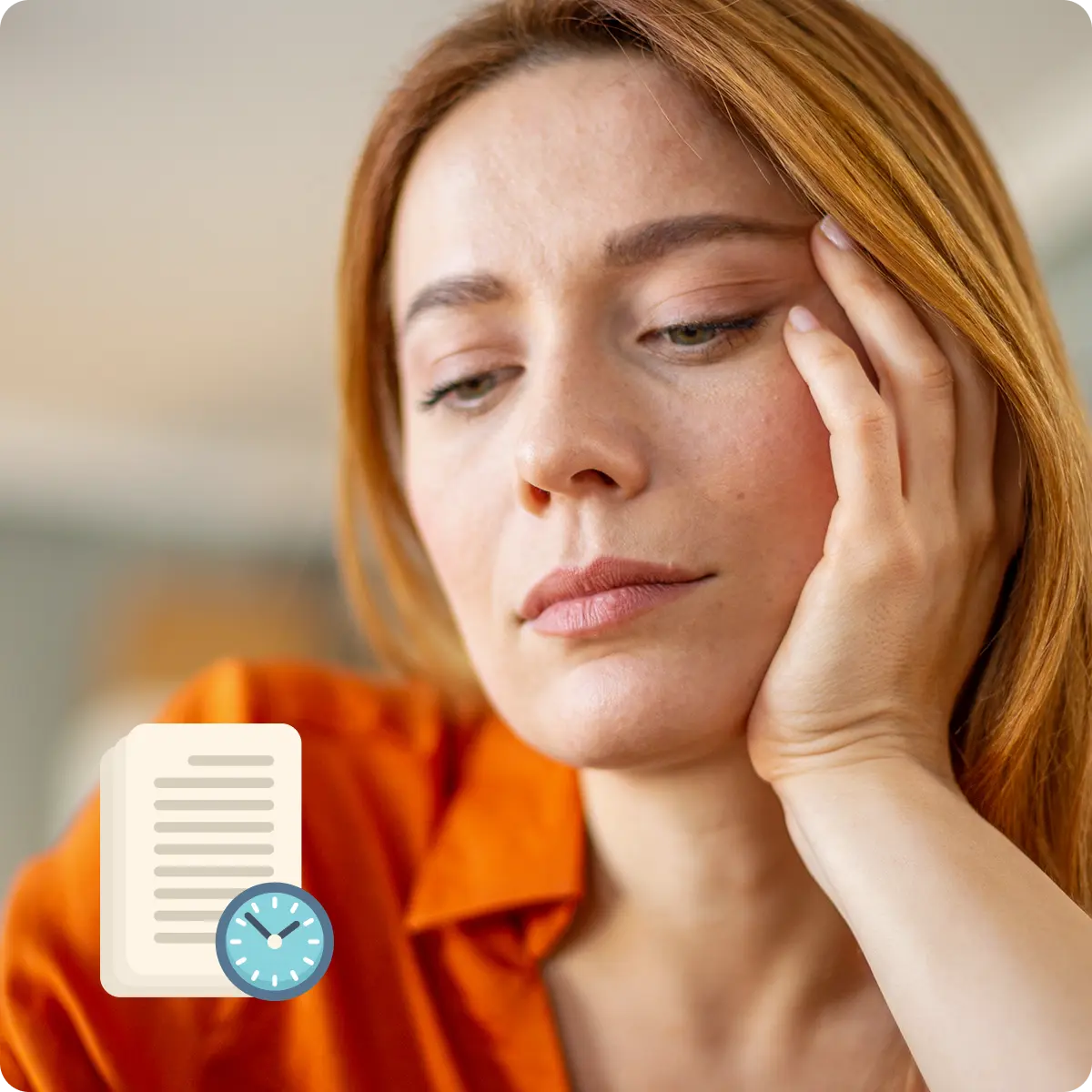 Close-up of a woman with red hair resting her head on her hand, looking contemplative.