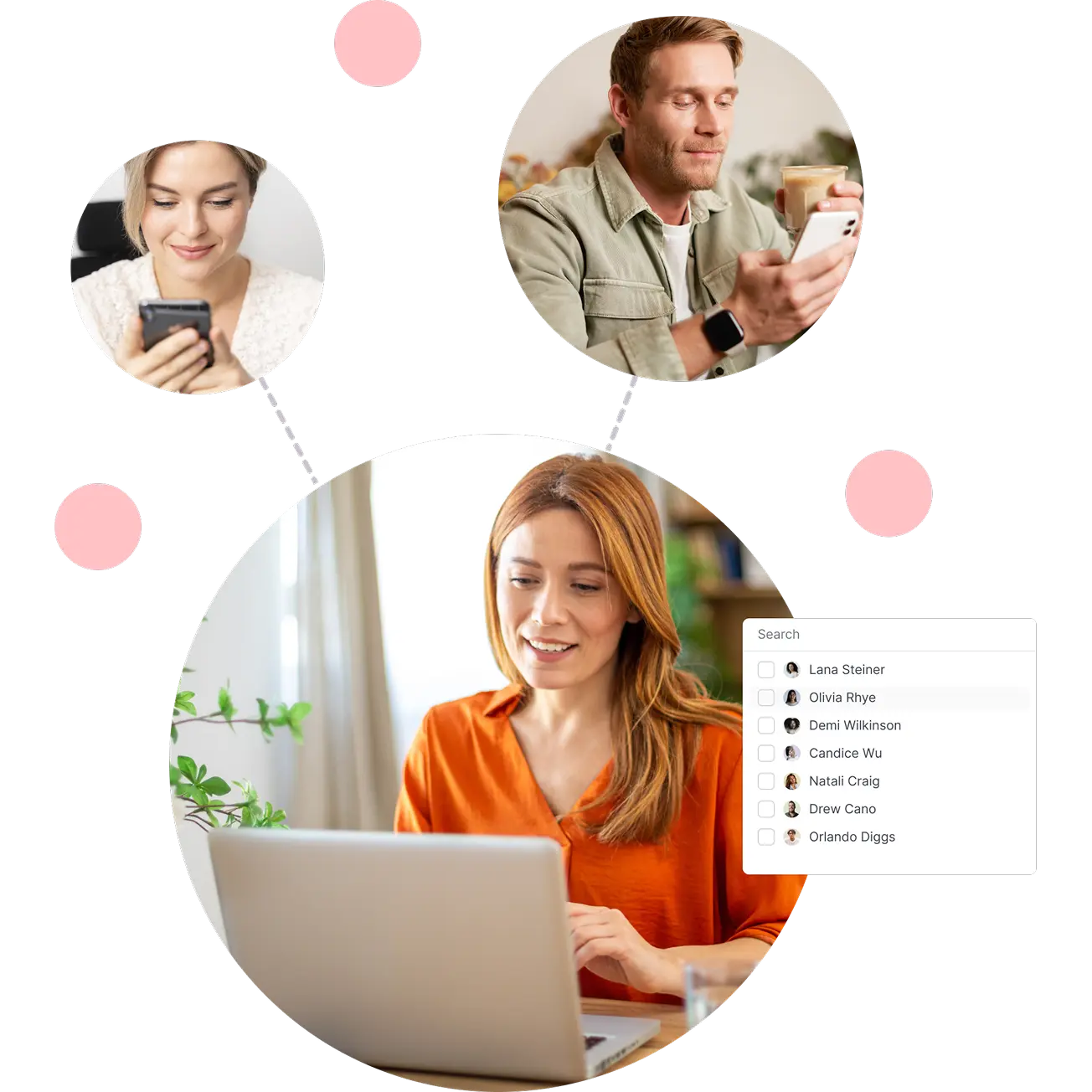 Three people engaging with digital devices: a woman in an orange shirt using a laptop, a man holding a coffee and smartphone, and another woman looking at her phone.