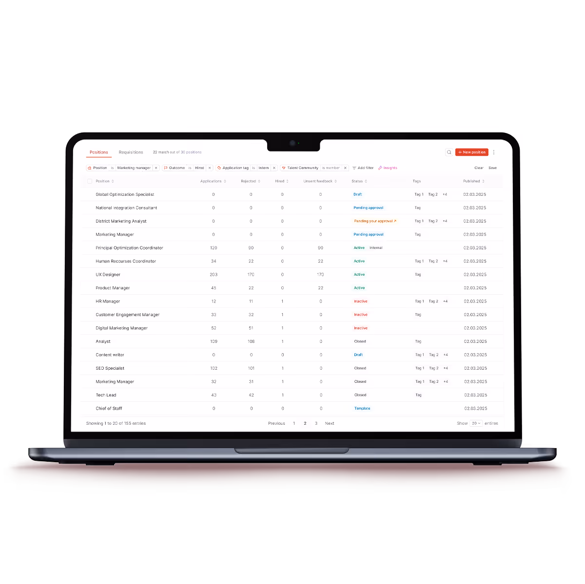 Laptop screen displaying a job positions table with columns for position titles, applications, rejected, hired, status, tags, and published dates.