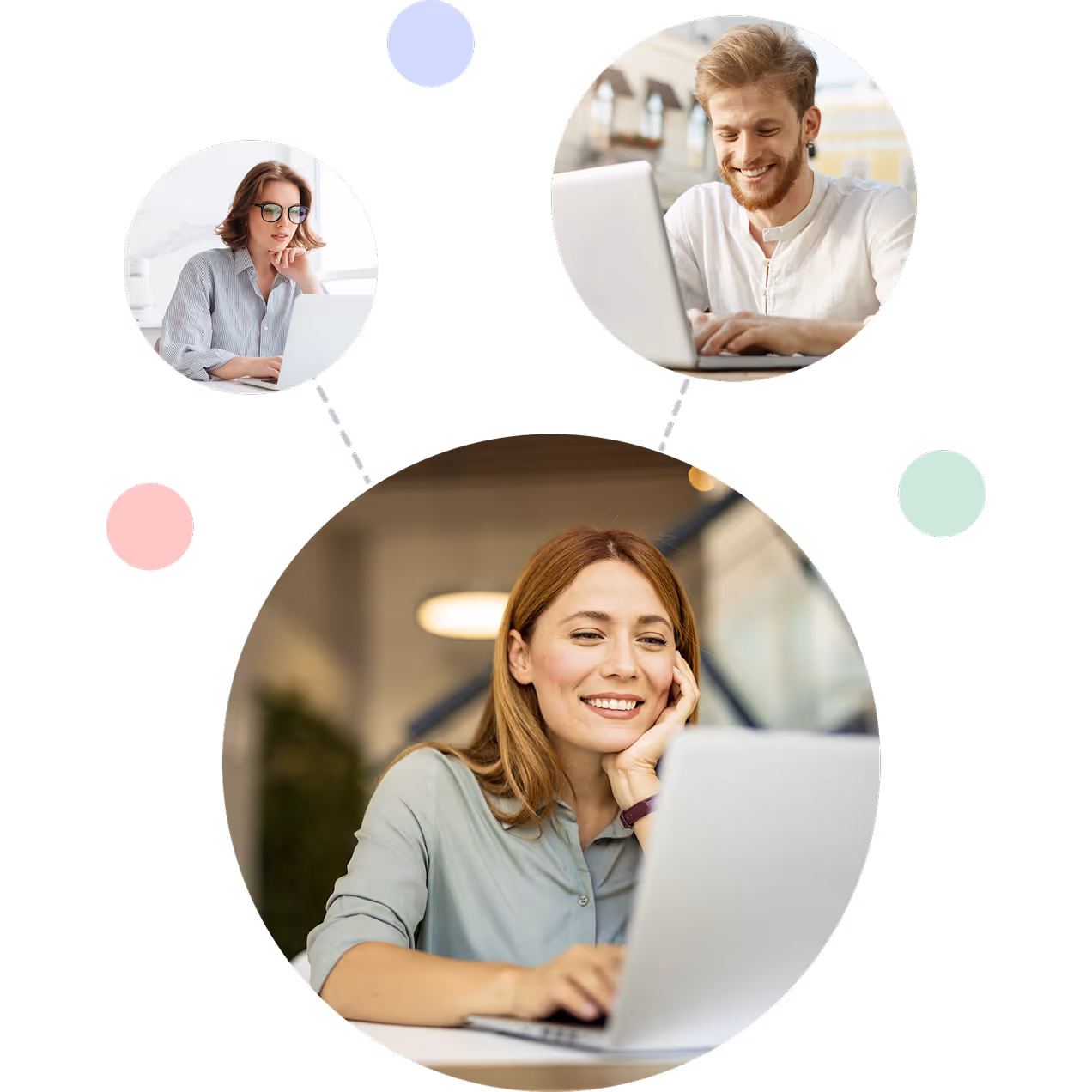 Collage of three people using laptops, with a smiling woman in the largest circle and a man and woman in smaller circles connected by dotted lines.