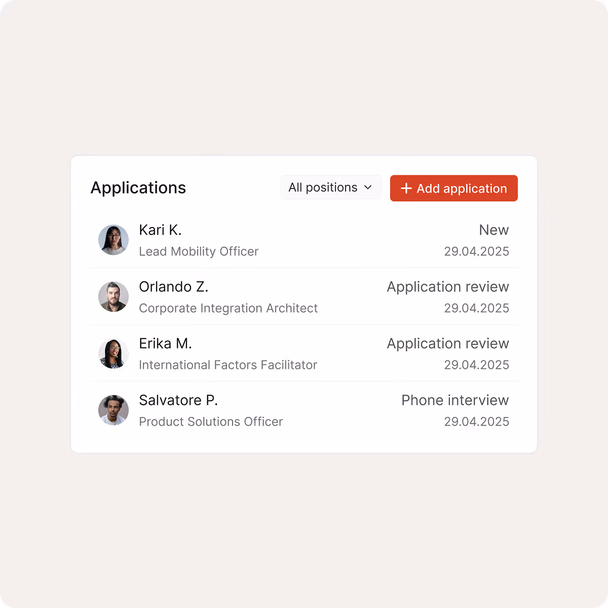 Application management interface showing four candidates with their photos, names, job titles, application status, and application date, with a dropdown to filter positions and a red button to add application.