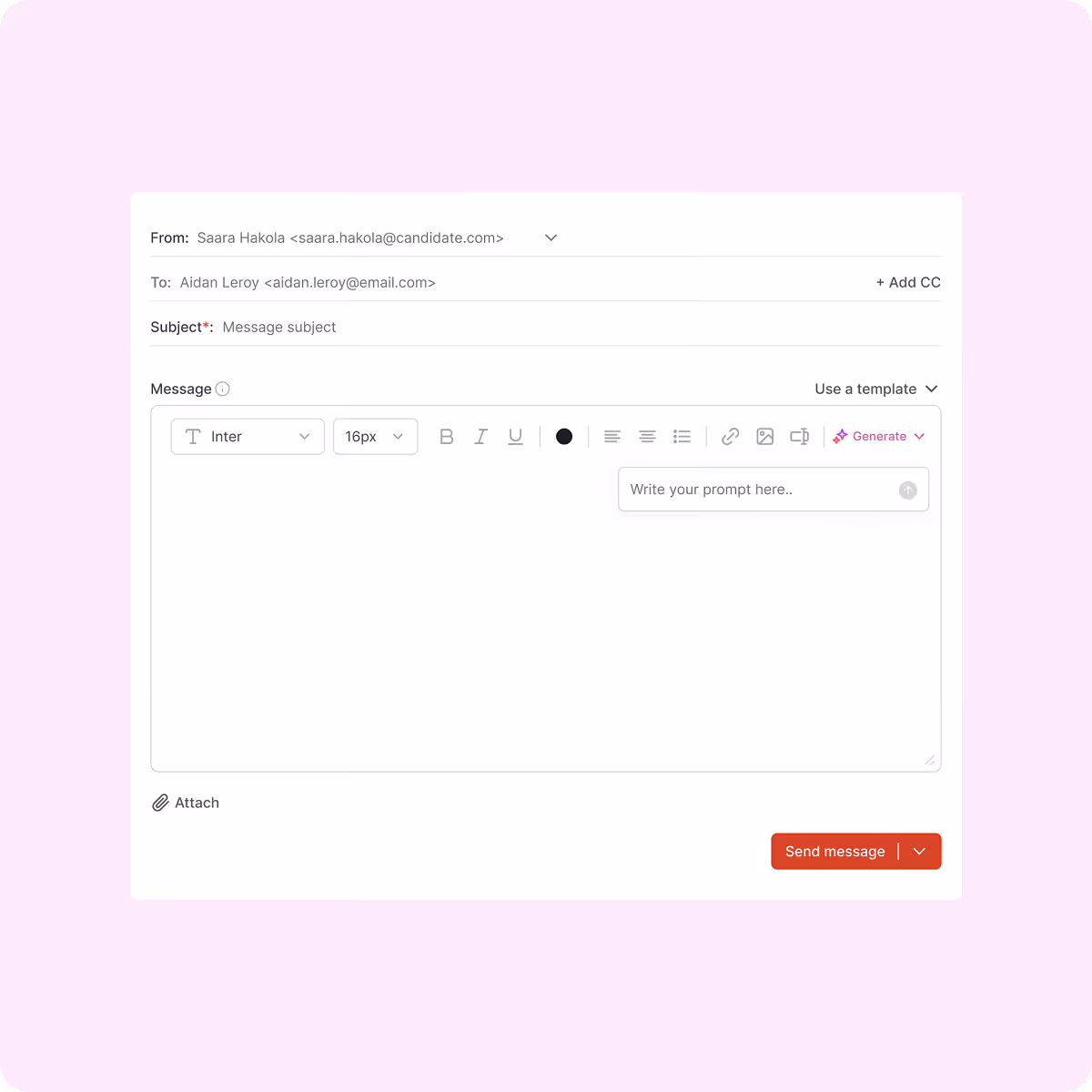 Email composer interface with fields for sender Saara Hakola, recipient Aidan Leroy, subject, and a blank message body with text formatting options and a send button.