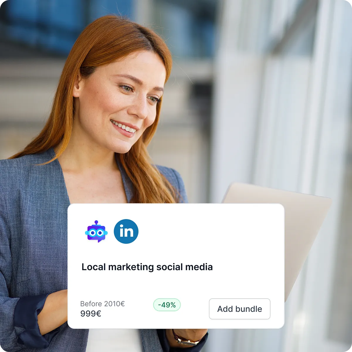 Smiling woman with red hair using a tablet, overlaid with a social media marketing offer showing a 49% discount on LinkedIn local marketing bundle priced at 999 euros.