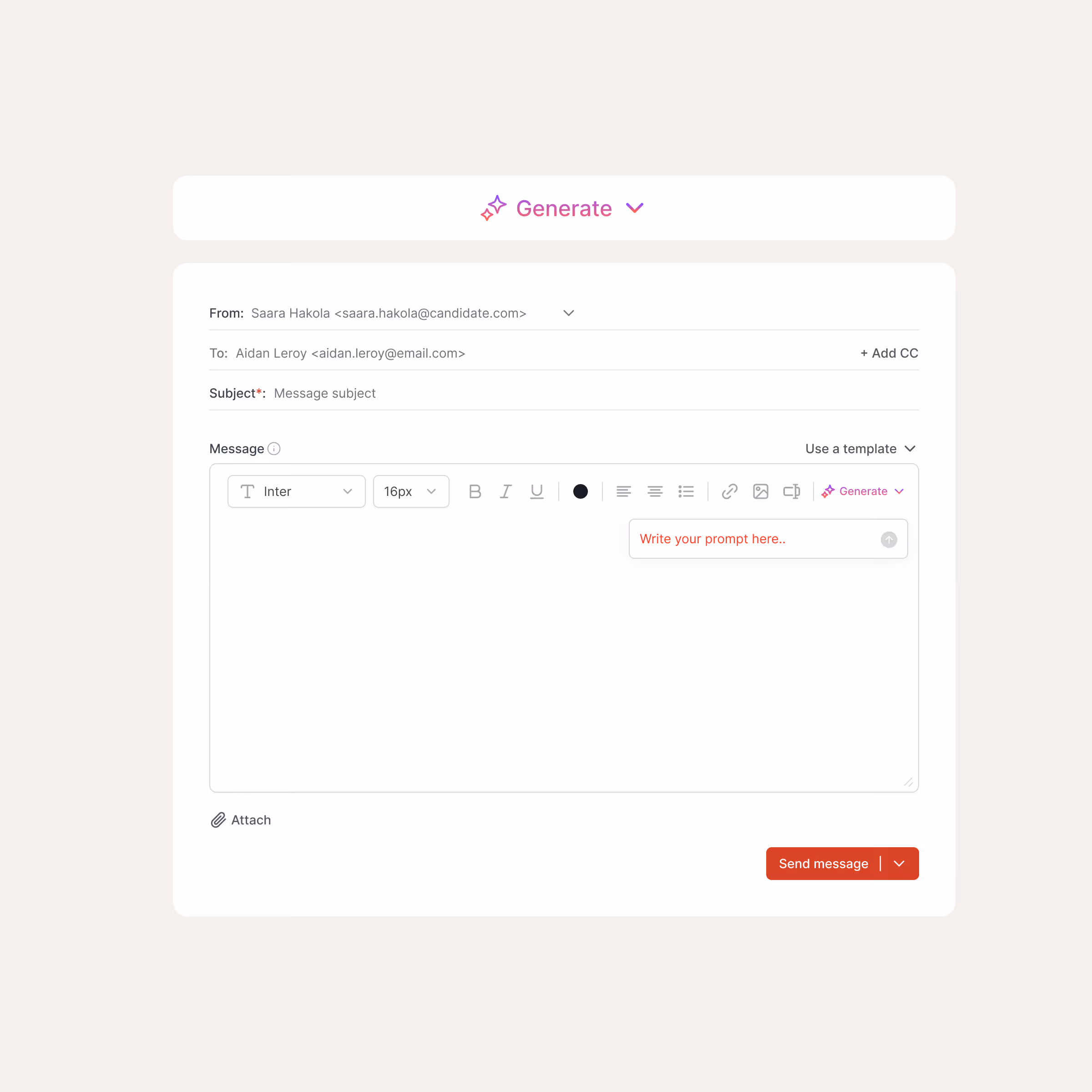 Email composition interface with fields for from and to addresses, subject line, and a text editor for the message body including formatting options and a generate button.