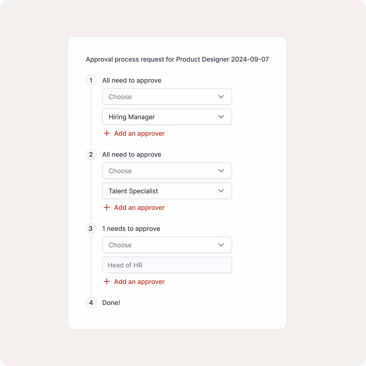 Approval process request interface for Product Designer dated 2024-09-07 with sequential steps requiring approval from Hiring Manager, Talent Specialist, and Head of HR, plus options to add approvers.