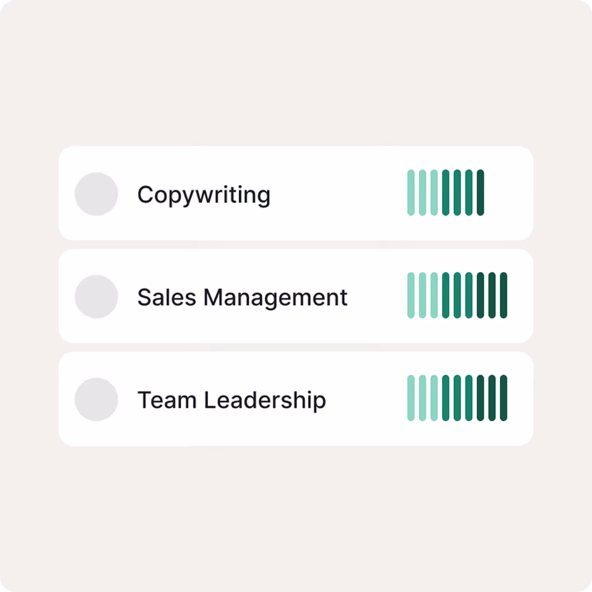 Skill proficiency bars for Copywriting, Sales Management, and Team Leadership, all showing high competency.