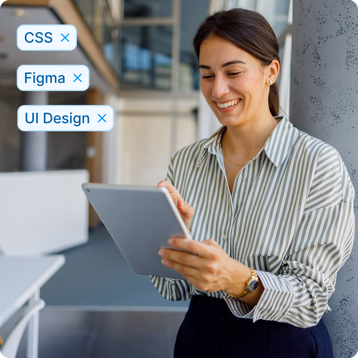 Smiling woman holding a tablet with tags for CSS, Figma, and UI Design visible next to her.