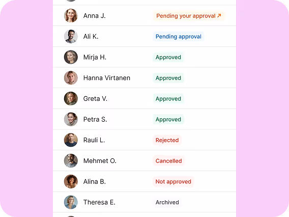 List of candidates with profile photos and their status, including Pending your approval, Pending approval, Approved, Rejected, Cancelled, Not approved, and Archived.
