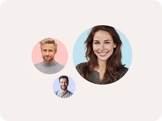 Portraits of three smiling people in colored circular frames on a light background, featuring a woman with brown hair and two men with gray and dark hair.