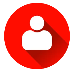 White user profile icon on a red circular background with a long shadow.