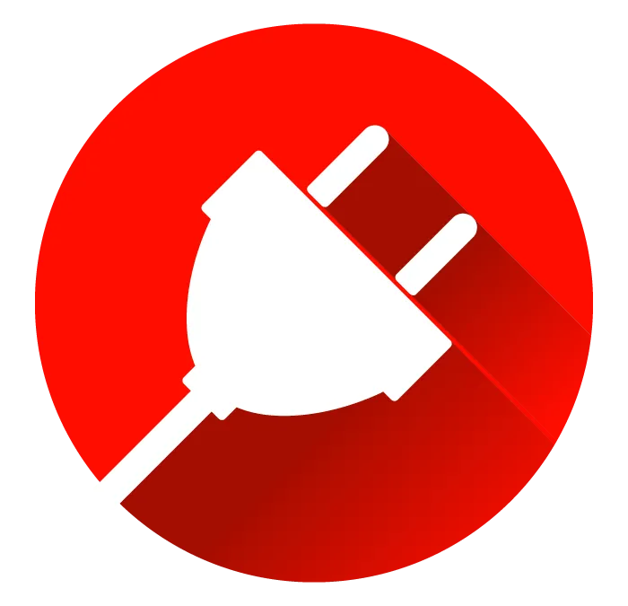 White electric plug icon with a shadow on a red circular background.