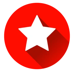 White star icon centered on a red circular background with a long shadow effect.