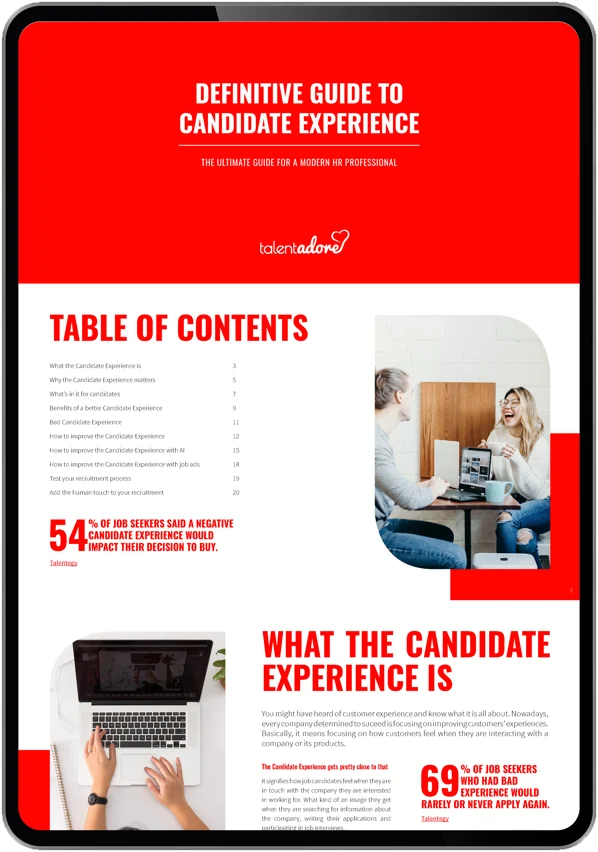 Digital guide titled 'Definitive Guide to Candidate Experience' with a table of contents and statistics about job seekers' negative candidate experience impact on buying decisions, displayed on a tablet screen.