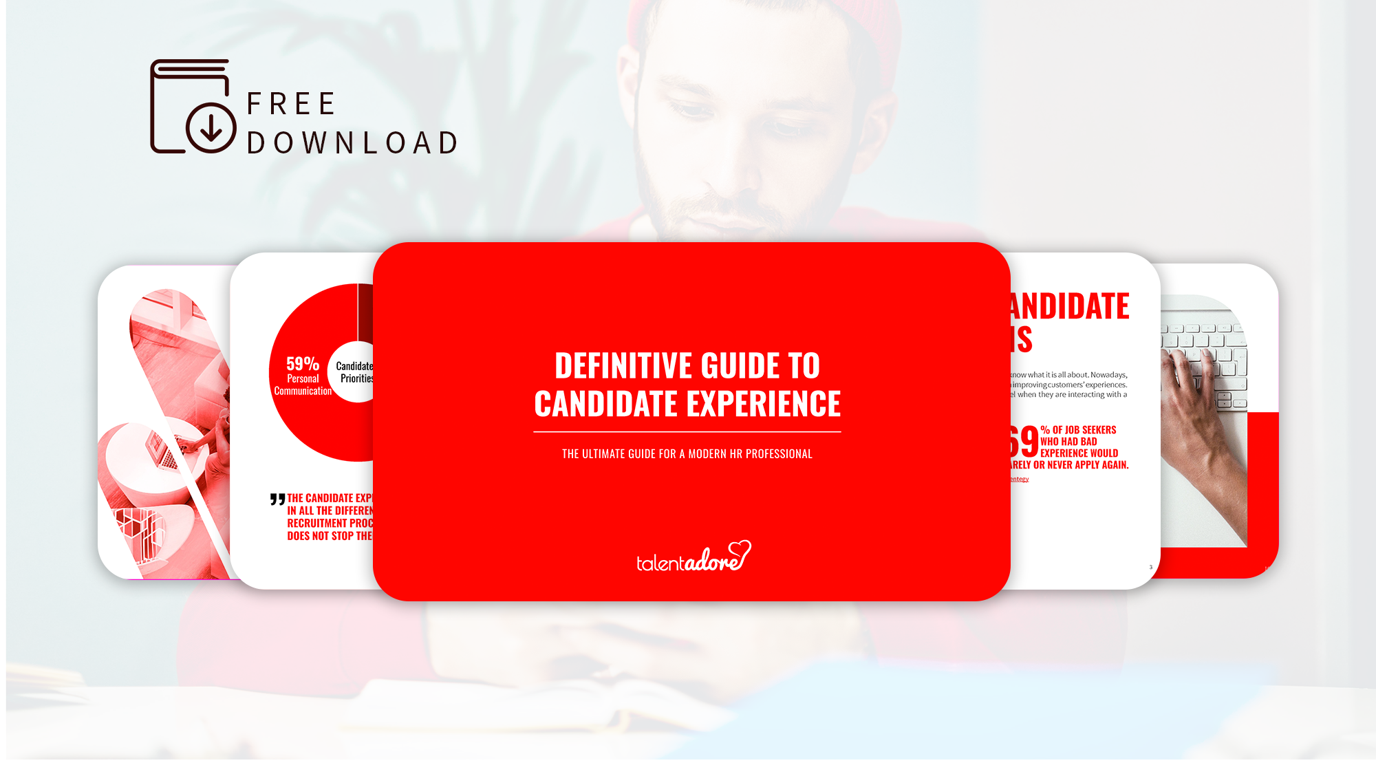 Digital booklet with red cover titled 'Definitive Guide to Candidate Experience' displayed over blurred background of a person using a phone.