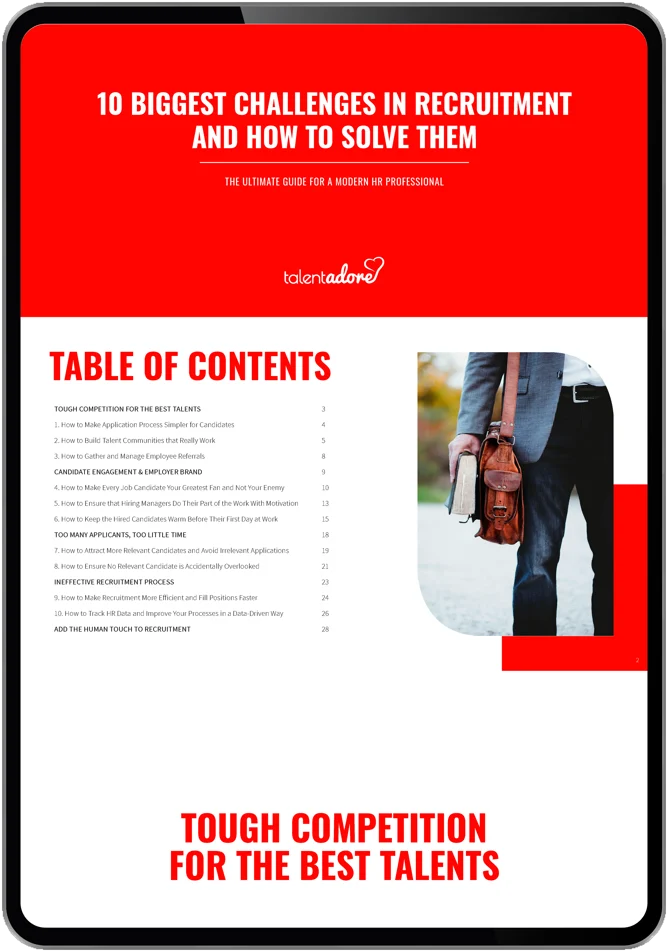 Tablet screen showing a guide titled '10 Biggest Challenges in Recruitment and How to Solve Them' with a table of contents listing recruitment topics and a photo of a person holding a notebook and a brown bag.