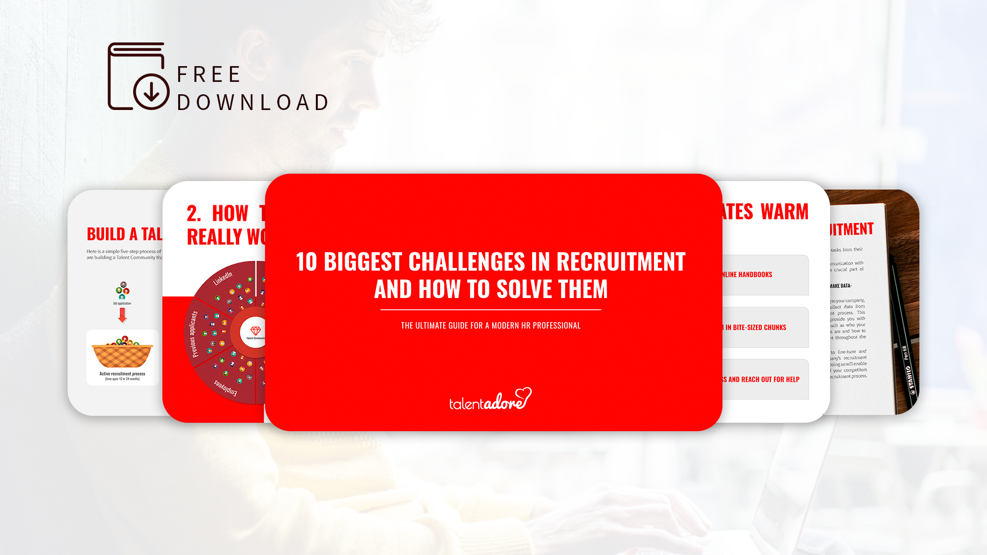 Digital guide cover titled '10 Biggest Challenges in Recruitment and How to Solve Them' with a red background and TalentAdore logo, alongside preview pages and a free download icon.