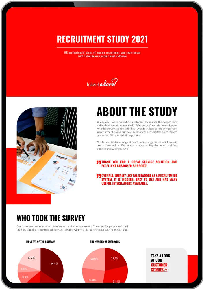 Tablet displaying Recruitment Study 2021 by TalentAdore with survey overview, participant info, and pie charts on industry and employee numbers.