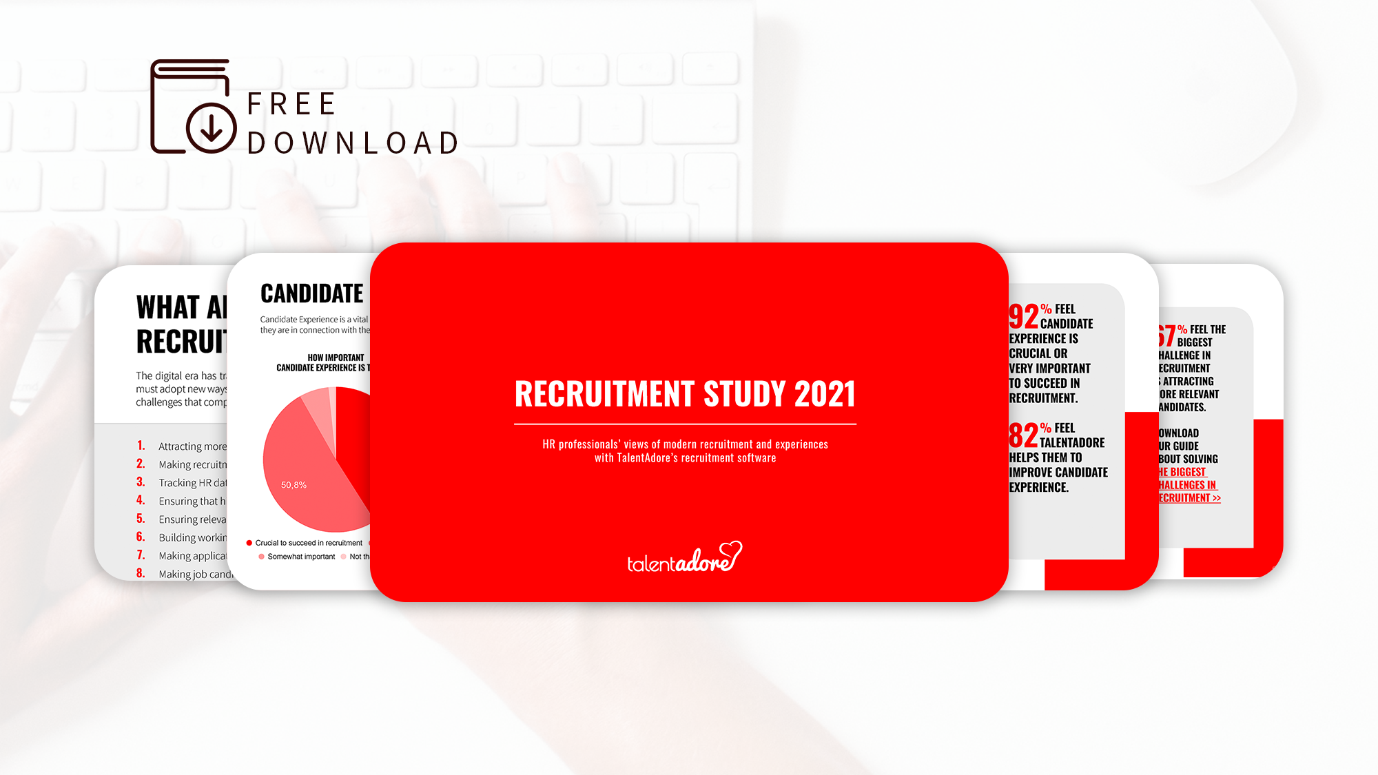 Digital booklet titled Recruitment Study 2021 from TalentAdore with statistics on candidate experience and recruitment challenges.