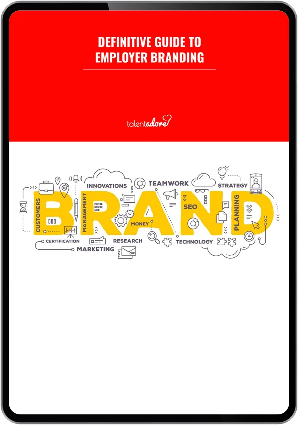 Cover of a digital guide titled 'Definitive Guide to Employer Branding' with the word BRAND highlighted in yellow surrounded by related business terms and icons.