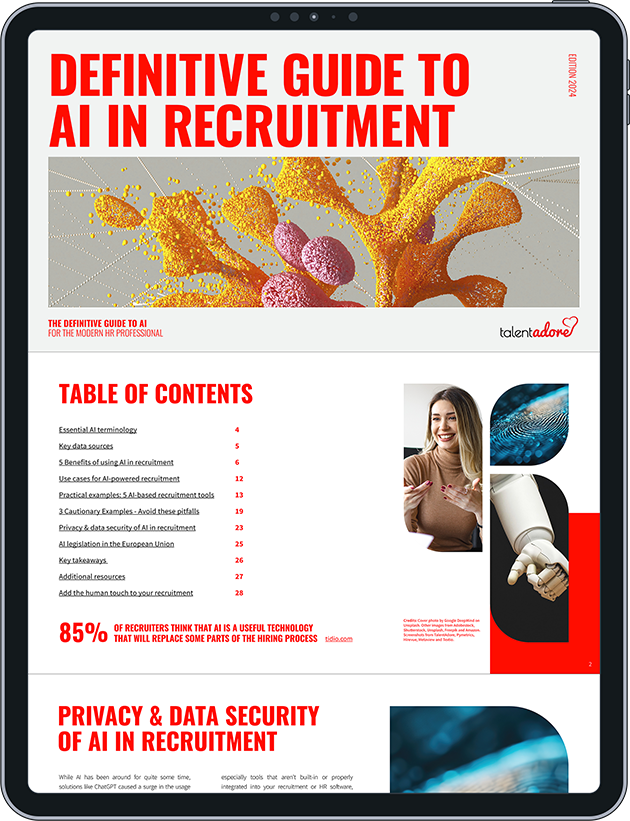 Digital guide titled Definitive Guide to AI in Recruitment displayed on a tablet screen with table of contents, images of a woman and a robotic hand, and a statistic about AI in hiring.