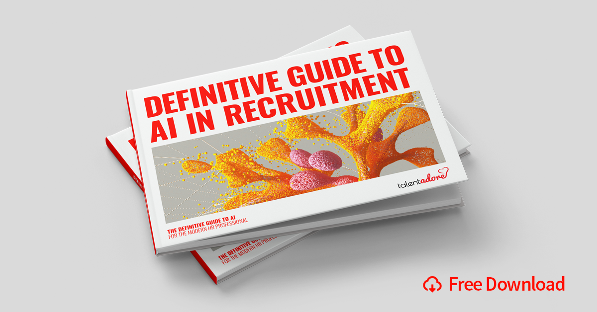 Book titled 'Definitive Guide to AI in Recruitment' with colorful abstract design on the cover, stacked on a white surface.