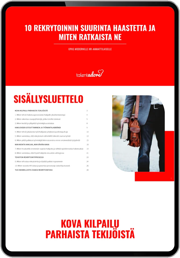 Digital tablet displaying a document titled '10 Rekrytoinnin Suurinta Haastetta Ja Miten Ratkaista Ne' with a contents list and a photo of a person holding a book and a leather bag, featuring Talent Adore branding.
