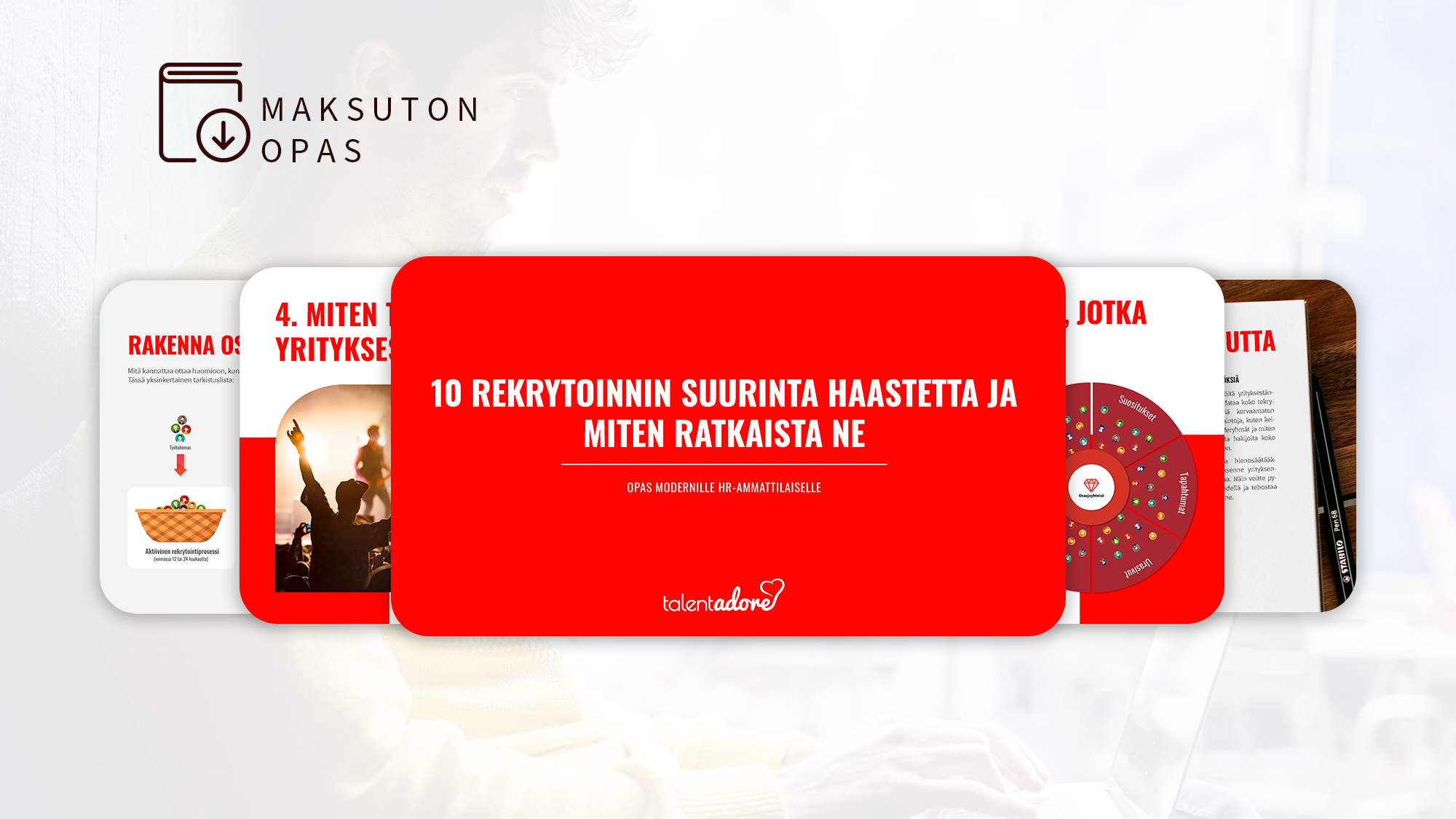 Cover of a guide titled '10 Rekrytoinnin Suurinta Haastetta ja Miten Ratkaista Ne' for modern HR professionals with overlapping pages showing recruitment process visuals.