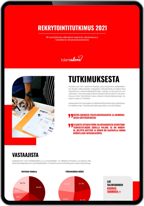 2021 recruitment study report cover by TalentAdore showing survey results, testimonials in Finnish, and pie charts of company sectors and employee counts.