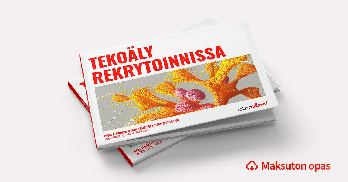 Stack of booklets titled 'Tekoäly Rekrytoinnissa' with colorful neuron-like graphic and TalentAdore logo, plus text 'Maksuton opas' with download icon.