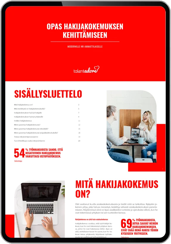 Tablet screen displaying a Finnish guide titled 'Opas Hakijakokemuksen Kehittämiseen' with a table of contents, an image of two people discussing over a laptop, and text about applicant experience statistics.