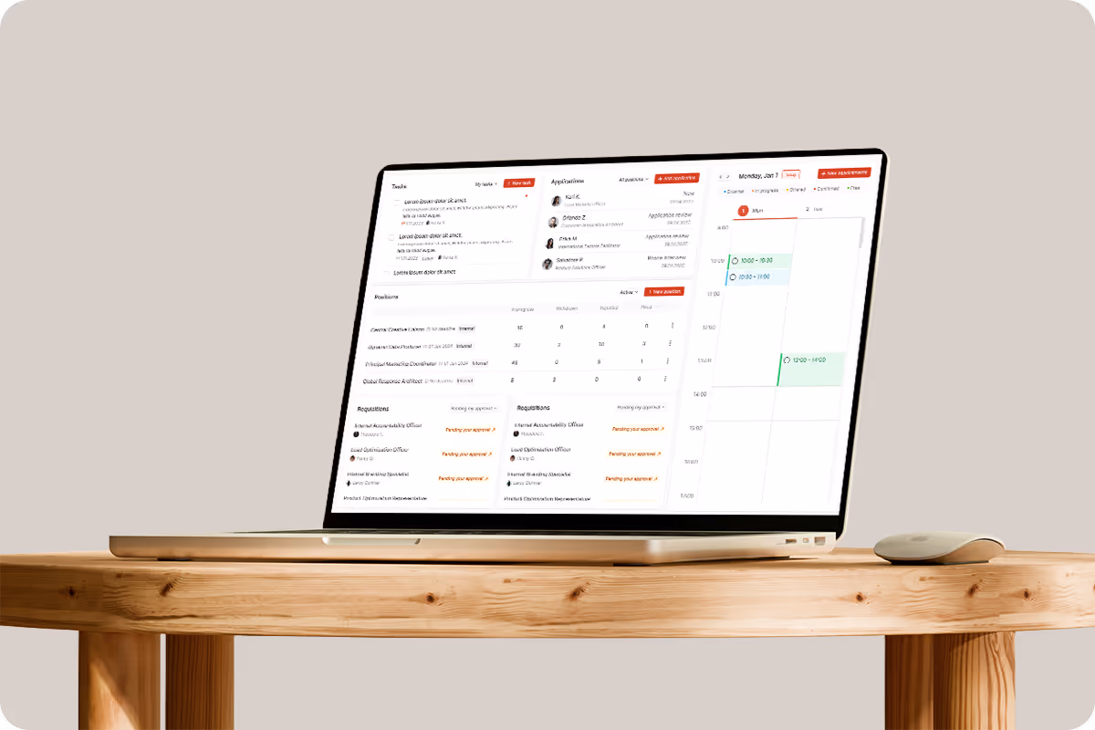 Laptop on wooden table displaying a productivity dashboard with tasks, applications, requests, and calendar schedule.
