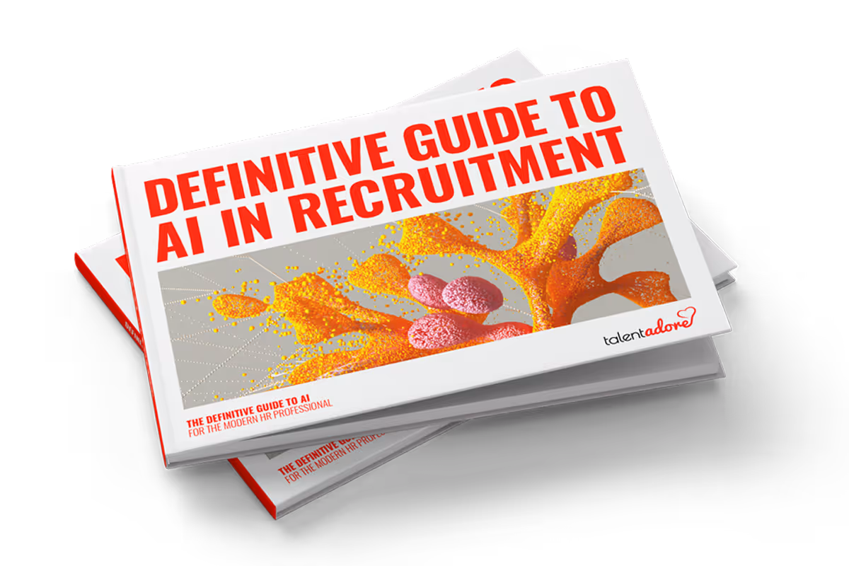 Stack of booklets titled 'Definitive Guide to AI in Recruitment' with colorful abstract cover design and Talentadore logo.