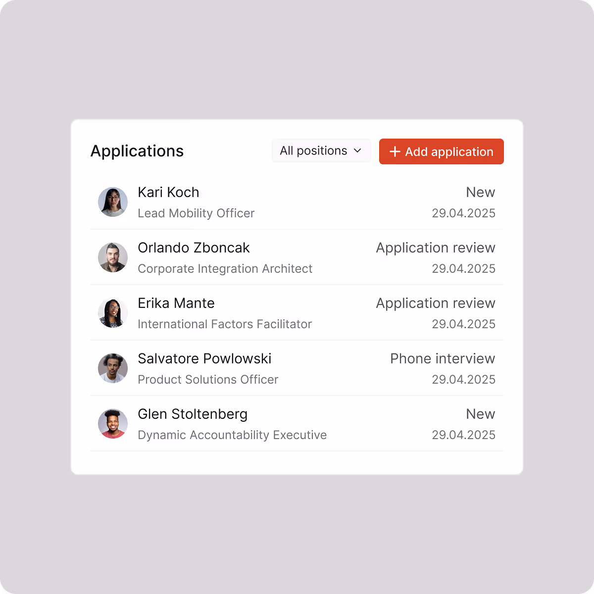 Job application dashboard showing five candidates with their names, job titles, application statuses, and application dates.
