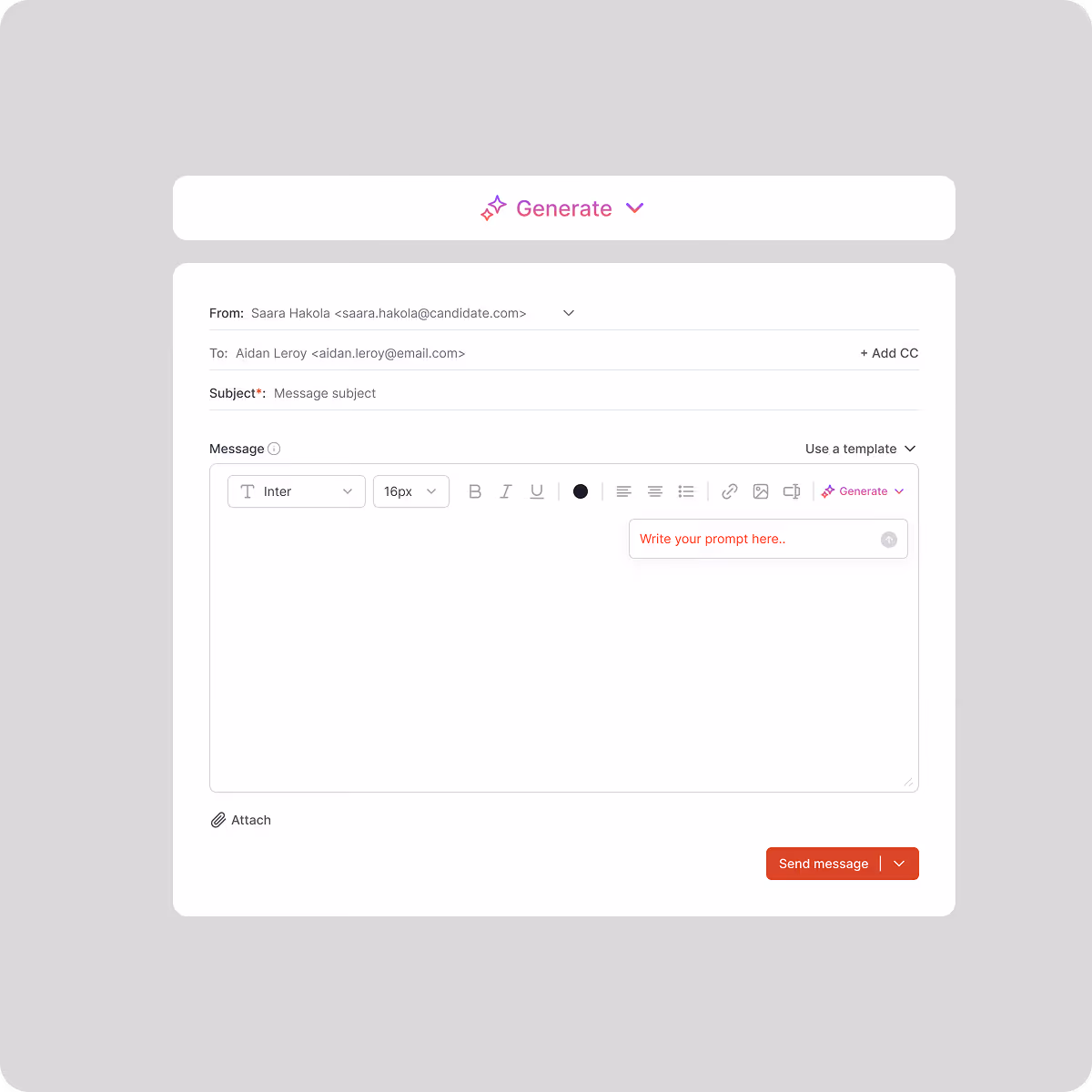 Email composition interface with fields for sender, recipient, subject, and a text editor for writing a message prompt, with Generate and Send message buttons.