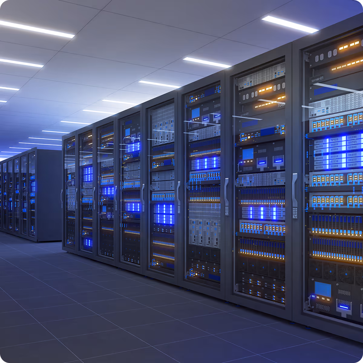 Row of server racks with illuminated blue and yellow lights in a modern data center room.