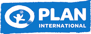 Plan International logo with a stylized child figure holding a sun inside a white circle on a blue rectangular background.