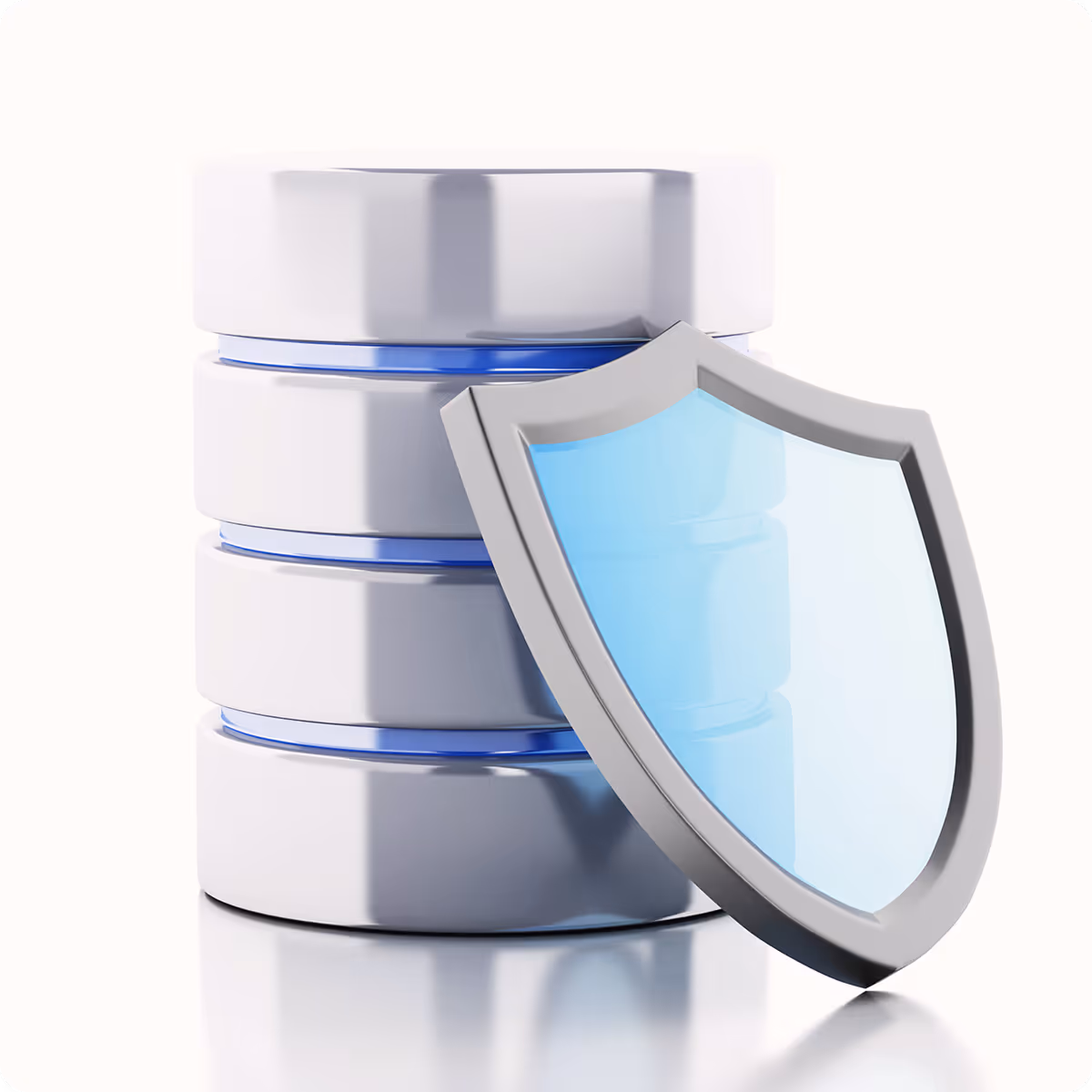 3D illustration of a database stack with a shield in front symbolizing data protection and security.