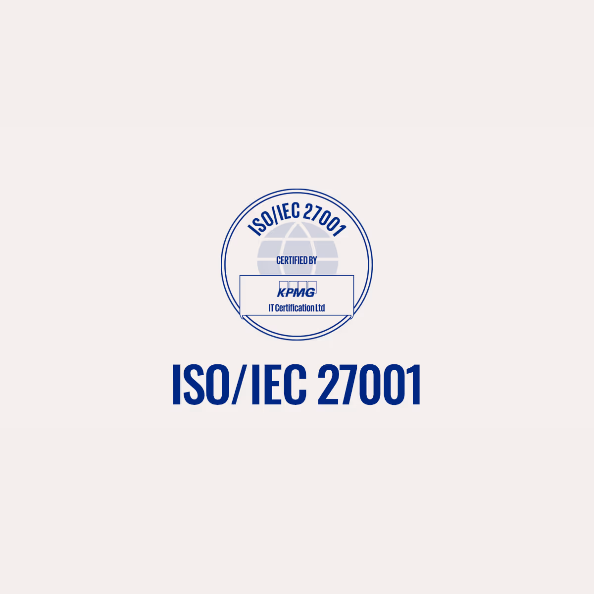 ISO/IEC 27001 certification seal with KPMG IT Certification Ltd logo on a light background.