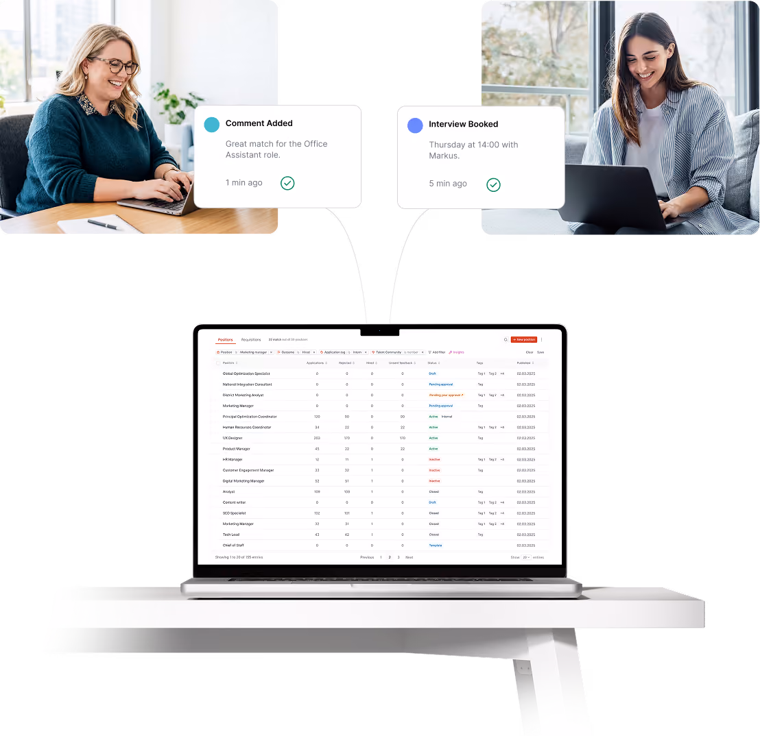 TalentAdore Hire applicant list on a laptop, with two recruiters collaborating and notifications for a new comment and a booked interview.