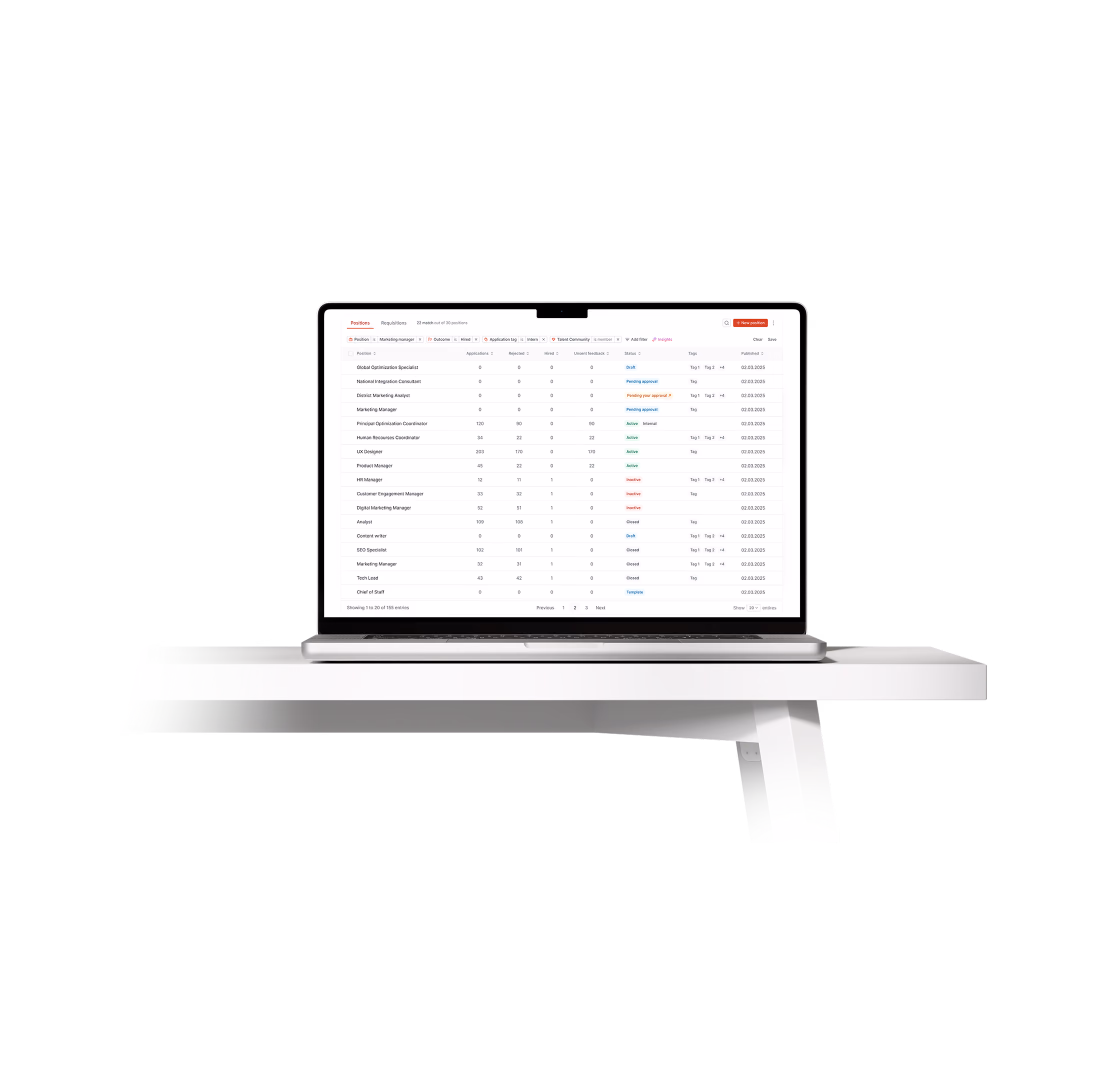 TalentAdore Hire candidate and application table shown on a laptop screen.