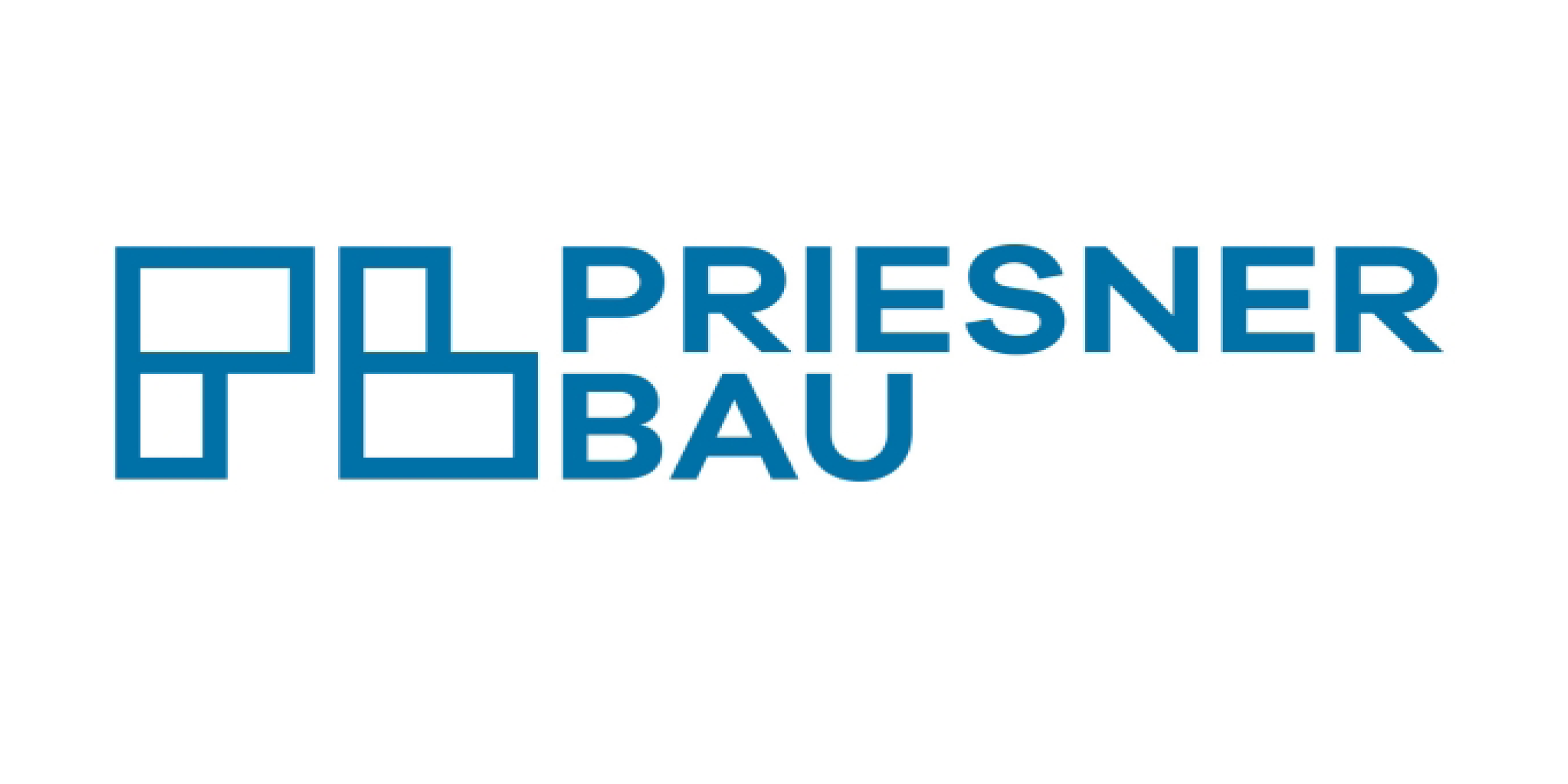 Logo von Priesner Bau mit blauem geometrischen Symbol neben dem Firmennamen.